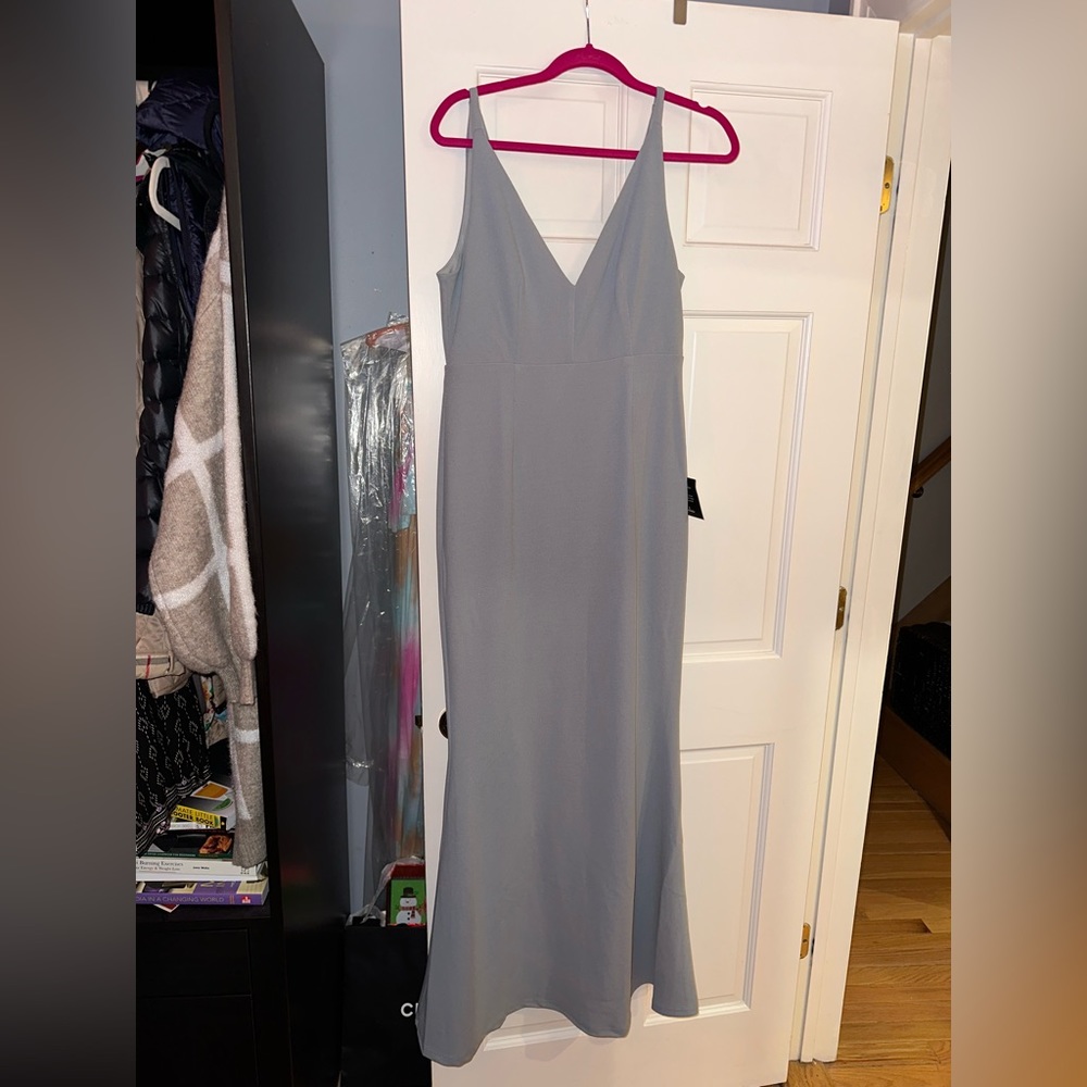 Lulu’s maxi gown, wedding guest dress, greyish/blue color